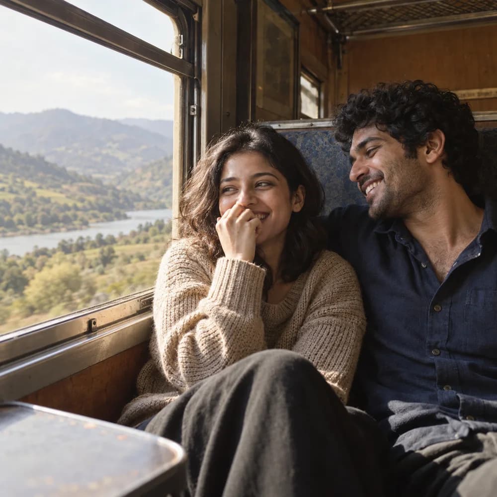 Fictional couple sharing a quiet train journey